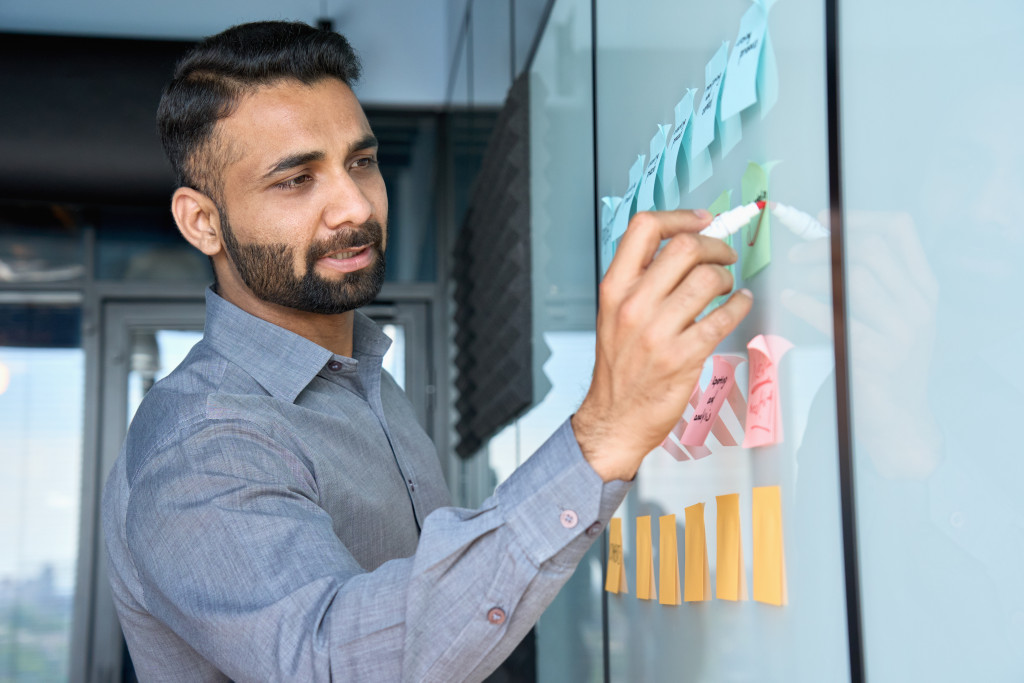 male businessman planning while writing things on colored sticky notes